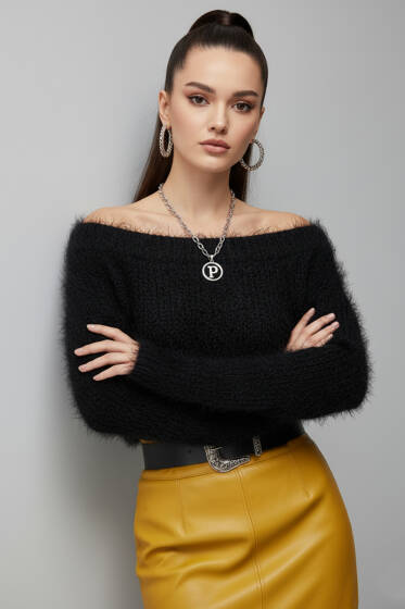 Kayık Yaka Tüylü Kazak Siyah - Kadın Giyim Modelleri