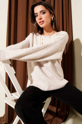 Kayık Yaka Yumoş Triko Kazak Bej - VANİZA TRİKO