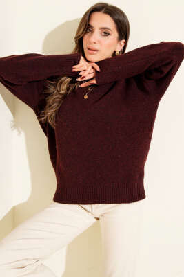 Kayık Yaka Yumoş Triko Kazak Bordo - Kadın Giyim Modelleri