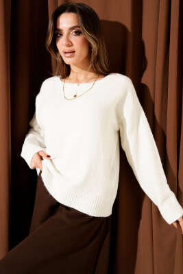 Kayık Yaka Yumoş Triko Kazak Ekru - VANİZA TRİKO