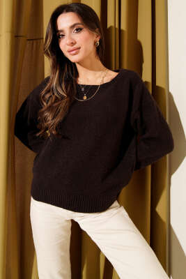 Kayık Yaka Yumoş Triko Kazak Kahve - Kadın Giyim Modelleri