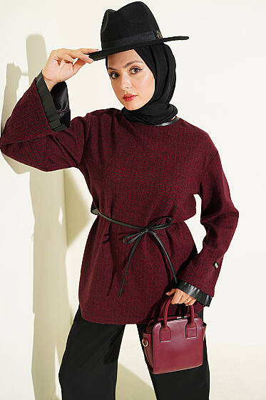 Kazayağı Deri İp Bağcıklı Garnili Tunik Bordo - Tunik