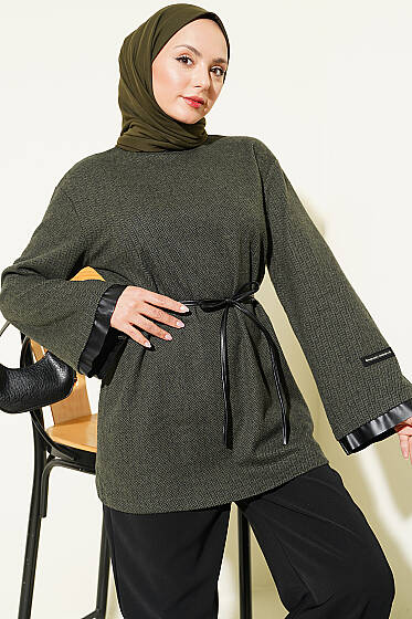 Kazayağı Deri İp Bağcıklı Garnili Tunik Haki - Tunik