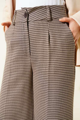 Kazayağı Desen Geniş Paça Pantolon Bej - Pantolon