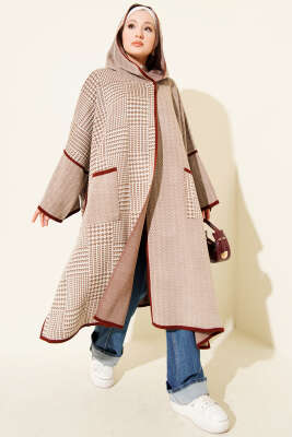 Kazayağı Desen Kapüşonlu Panço Latte - ULUDAĞ TRİKO