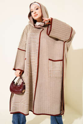 Kazayağı Desen Kapüşonlu Panço Latte - Panço