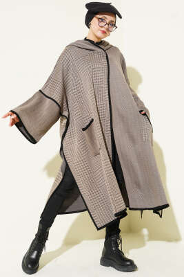 Kazayağı Desen Kapüşonlu Panço Latte 