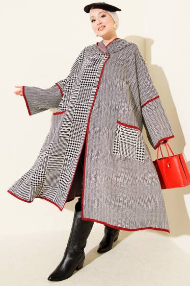 Kazayağı Desen Kapüşonlu Panço Siyah - Panço