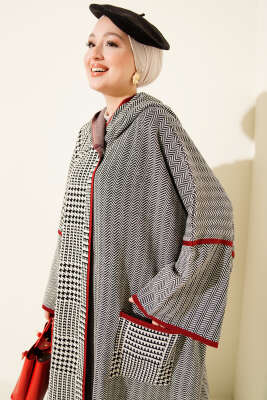 Kazayağı Desen Kapüşonlu Panço Siyah - Panço