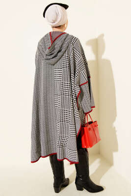 Kazayağı Desen Kapüşonlu Panço Siyah - Panço