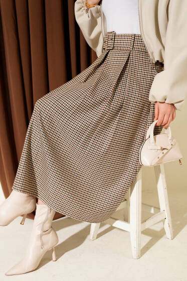 Kazayağı Desen Pileli Kemerli Etek Bej - Etek