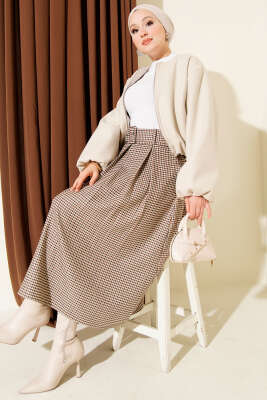 Kazayağı Desen Pileli Kemerli Etek Bej - Etek
