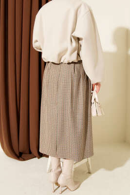 Kazayağı Desen Pileli Kemerli Etek Bej - Etek