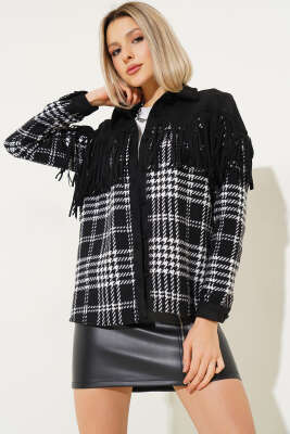 Kazayağı Desen Püsküllü Gömlek Siyah - Kadın Giyim Modelleri