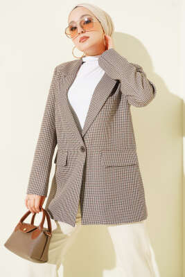  Kazayağı Desen Tek Düğmeli Blazer Ceket Bej - MISRA