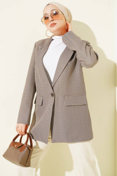  Kazayağı Desen Tek Düğmeli Blazer Ceket Bej - Ceket