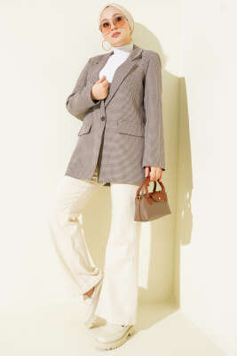  Kazayağı Desen Tek Düğmeli Blazer Ceket Bej - Ceket