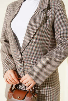  Kazayağı Desen Tek Düğmeli Blazer Ceket Bej - Ceket