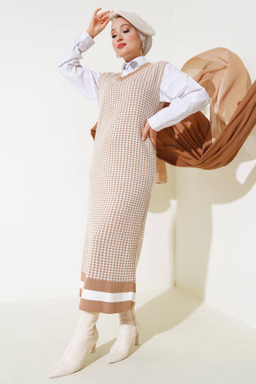 Kazayağı Desen Triko Jile Elbise Büsküvi - Triko