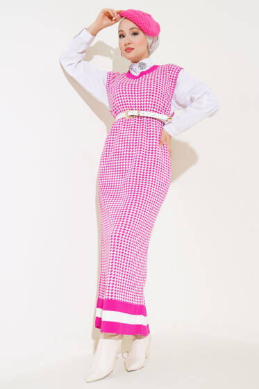 Kazayağı Desen Triko Jile Elbise Fuşya - Triko
