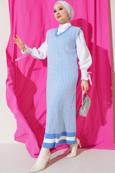 Kazayağı Desen Triko Jile Elbise İndigo - Triko