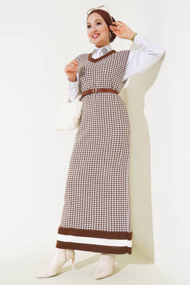 Kazayağı Desen Triko Jile Elbise Kahve - Triko