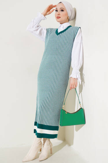 Kazayağı Desen Triko Jile Elbise Zümrüt - Triko