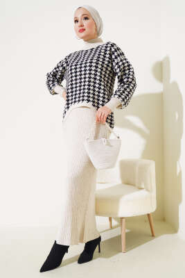 Kazayağı Desen Triko Jile İkili Takım Bej - Triko İkili Takım