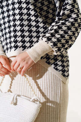 Kazayağı Desen Triko Jile İkili Takım Bej - Triko İkili Takım