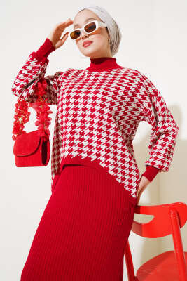 Kazayağı Desen Triko Jile İkili Takım Kırmızı - Triko İkili Takım