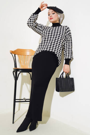 Kazayağı Desen Triko Jile İkili Takım Siyah - İkili Takım