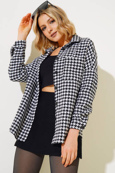 Kazayağı Desenli Cepli Gömlek Siyah - Kadın Giyim Modelleri