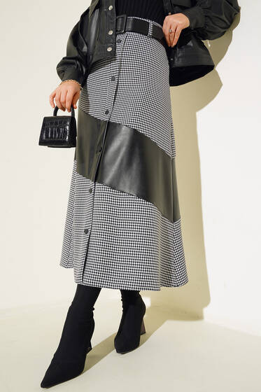 Kazayağı Desenli Deri Garnili Etek Siyah - Uzun Etek