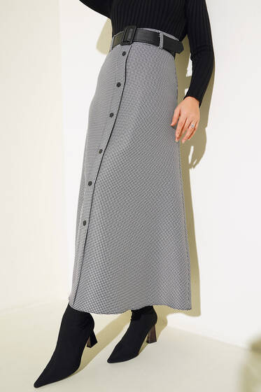 Kazayağı Desenli Düğme Süslemeli Etek Siyah - Uzun Etek