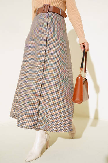 Kazayağı Desenli Düğme Süslemeli Etek Taba - Uzun Etek