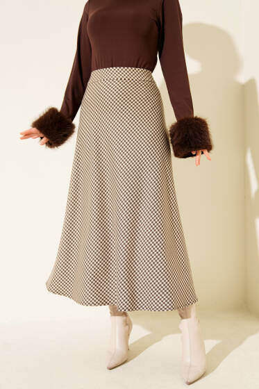 Kazayağı Desenli Etek Kahve - Etek