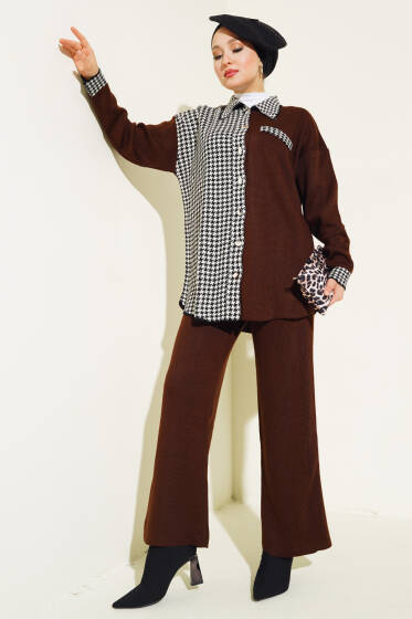 Kazayağı Detaylı Düğmeli Triko İkili Takım Kahve - İkili Takım