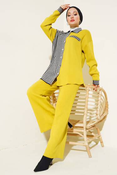 Kazayağı Detaylı Düğmeli Triko İkili Takım Yağ Yeşili - İkili Takım