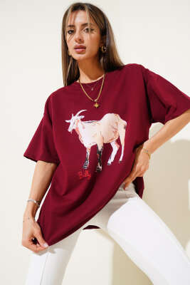 Keçi Baskılı T-shirt Bordo 