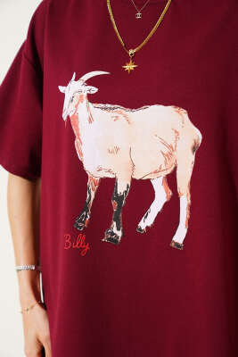 Keçi Baskılı T-shirt Bordo - Kadın Giyim Modelleri