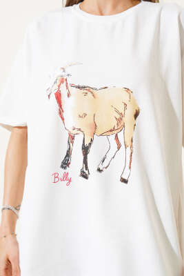 Keçi Baskılı T-shirt Ekru - Kadın Giyim Modelleri