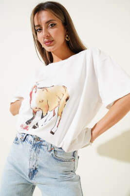 Keçi Baskılı T-shirt Ekru 