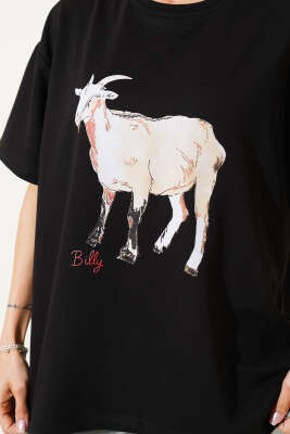 Keçi Baskılı T-shirt Siyah - Kadın Giyim Modelleri