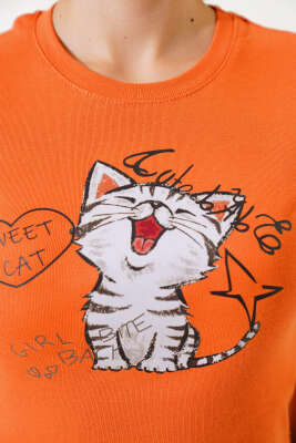 Kedi Baskılı Crop Oranj - Kadın Giyim Modelleri
