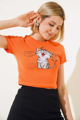 Kedi Baskılı Crop Oranj - Yılın Fırsatı