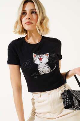 Kedi Baskılı Crop Siyah - Kadın Giyim Modelleri