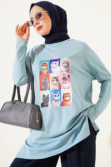 Kedi Baskılı Tunik İndigo - Tunik