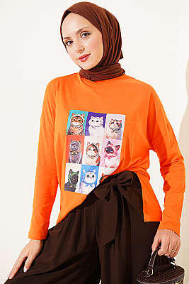 Kedi Baskılı Tunik Oranj - SAS