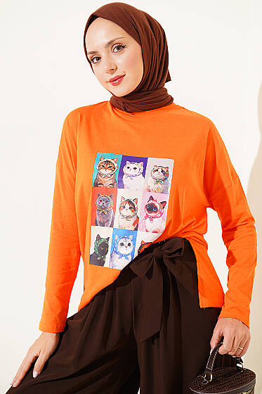 Kedi Baskılı Tunik Oranj - Tunik