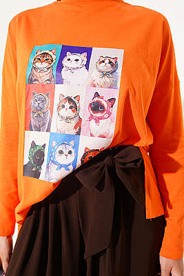 Kedi Baskılı Tunik Oranj - Tunik